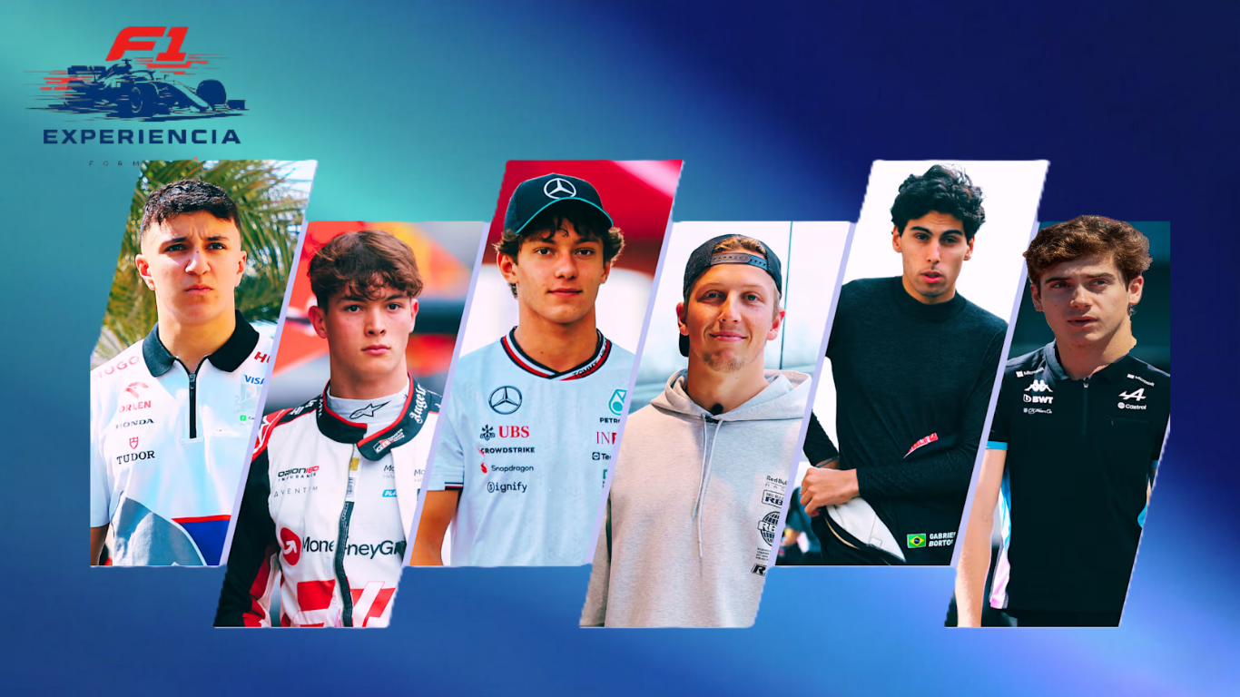 "Rookies de F1 2025: Andrea Kimi Antonelli, Oliver Bearman, Franco Colapinto, Gabriel Bortoleto, Liam Lawson e Isack Hadjar en sus monoplazas durante la temporada 2025"
