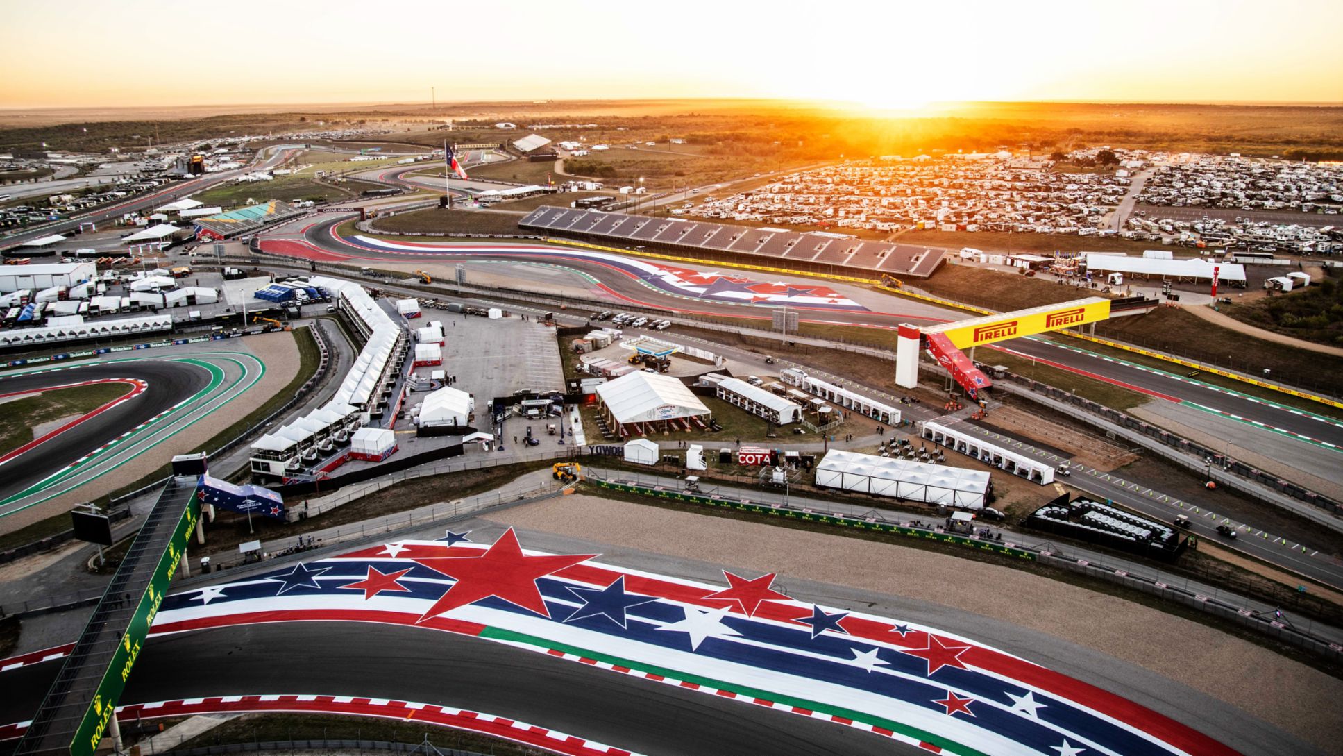 Vista aérea del Circuito de las Américas en Austin, Texas, sede del Gran Premio de Estados Unidos de Fórmula 1.