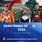 Afiche del Gran Premio de México 2025 de Fórmula 1, con Verstappen, Piastri y Norris sobre fondo tricolor y el Autódromo Hermanos Rodríguez de fondo.