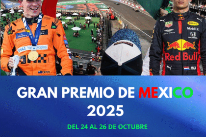 Afiche del Gran Premio de México 2025 de Fórmula 1, con Verstappen, Piastri y Norris sobre fondo tricolor y el Autódromo Hermanos Rodríguez de fondo.